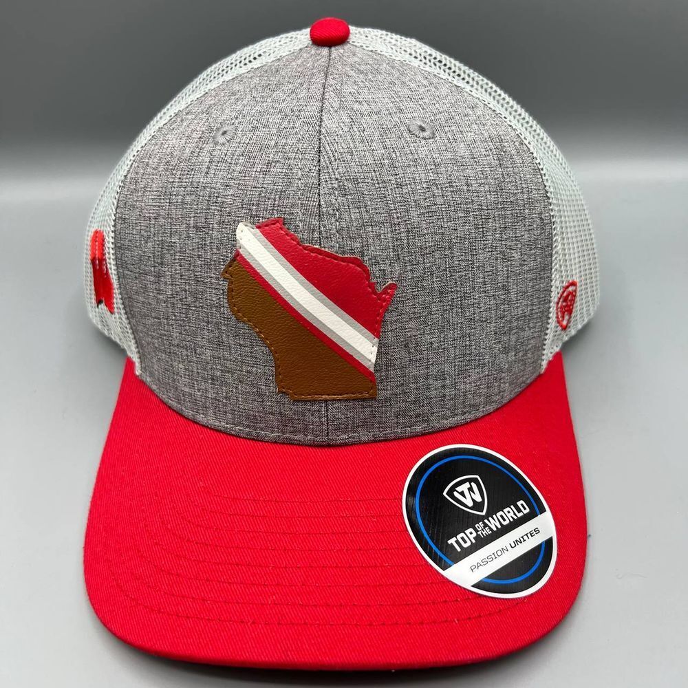 Wisconsin Badgers Trucker Hat Men Gray Red‎ Top of the World Snap Back Cap